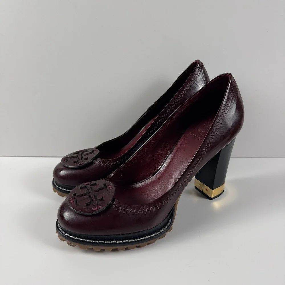 Tory Burch Leanne Burgundy Leather Lug Sole Block Heel Pump Size 7.5